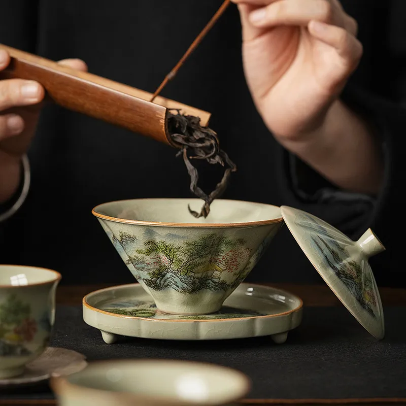 Celadon Ceramic Cup - Jingdezhen-Keramik-Teetasse mit Bambushut, traditionelle handgefertigte Teegeschirr,